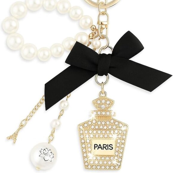 Paris Perfume Bottle Pearl Crystal Keychain Bag Charm - Picture 5 of 5
